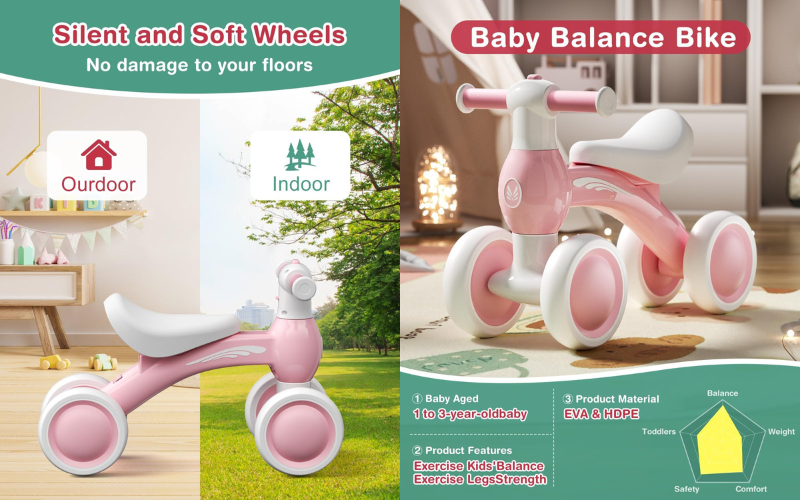 Baby Balance Bike With 4 Silence Wheels & Soft Seat