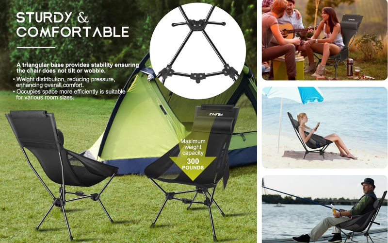 Foldable Camping Chair with Headrest and Storage Bag