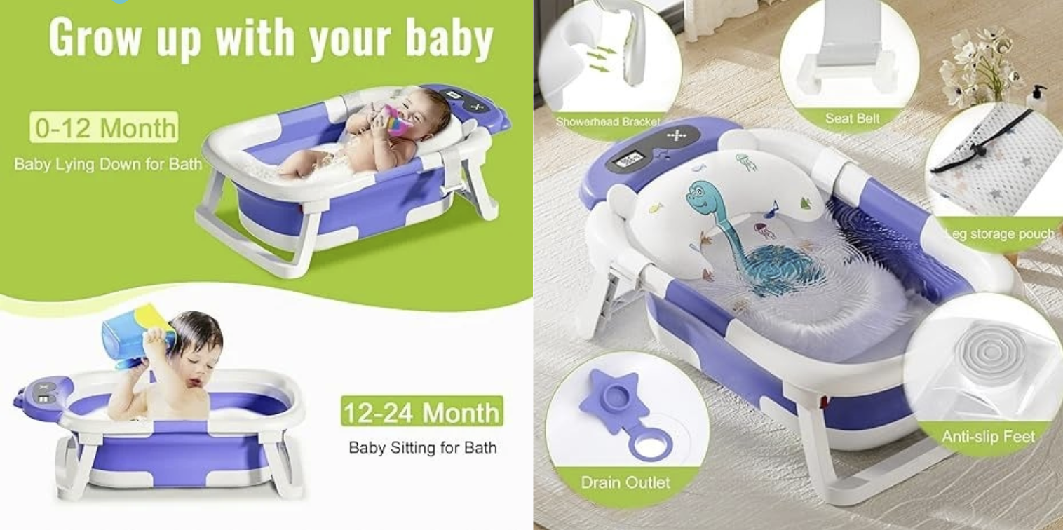 #1 Foldable Baby Bathtub with Thermometer & Floating Soft Cushion